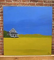 Front view of the entire 48 x 48 inch acrylic painting showing house on field against blue sky