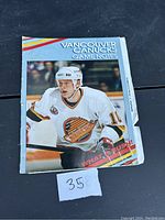 Photo of the Vancouver Canucks Game Notes magazine cover with a player in hockey gear.