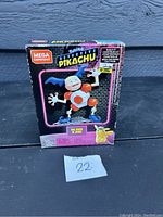 Boxed Mega Construx Detective Pikachu Mr. Mime figure construction set with over 70 pieces, front view of packaging showing branding and character image.