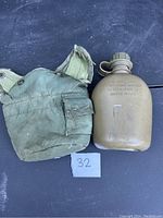 Green plastic military canteen with gray screw-on cap next to a green fabric cover with a small pocket and snap buttons, placed on a dark surface.