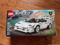 Front view of sealed Lego Speed Champions Lamborghini Countach 76908 box showing product image, piece count, and logos.