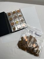 Photo showing coin book holding several Canadian pennies and plastic bag labeled '175 Pennies' containing loose pennies.