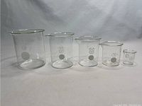 Front view of five vintage Pyrex glass beakers ranging from 10 ML to 250 ML placed side by side on a white background.