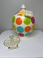 Front view of Terramundi money pot with colorful polka dots and accompanying informational card