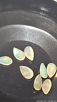 Top-down view of nine pear-shaped opal gemstones showing translucent bodies with colorful internal flashes.