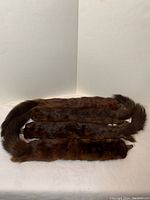 Four brown mink pelts laid flat with tails visible, showing natural fur texture and color variations.
