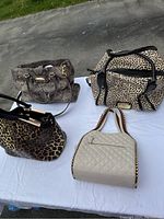 Four purses arranged on a white surface, showing Michael Kors snake print, animal print vinyl purses, and Big Buddha cream purse with quilted pattern and gold studs.