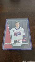 Front of 2020 Connor Bedard Regina Pats hockey card in protective sleeve.
