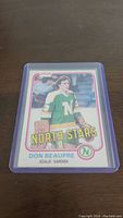 Front image of the 1983 Don Beaupre rookie hockey card showing player in North Stars goalie uniform.