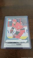 Front view of Haydn Fleury Young Guns Rookie Card in protective sleeve