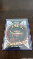 Front of Joey Logano Nascar Prizm Dialed In trading card in protective sleeve
