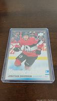 Front of Jonathan Davidsson Young Guns Rookie hockey card showing player image, name, and Young Guns logo.