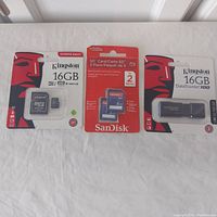 Full lot showing Kingston 16GB microSD card with SD adapter, SanDisk 2-pack 2GB SD cards, and Kingston 16GB DataTraveler 100 USB drive in sealed packaging.