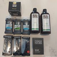 Full lot overview showing all products including shaving cream, deodorants, body wash, grooming kits, and face soap.