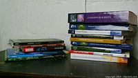 Stack of various educational and politics-related books including Concepts in Science and Global Politics