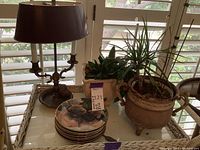 Wide shot showing all items on a glass surface: six pug collector plates stacked, antique lamp with brown shade, and two potted plants in decorative ceramic planters.