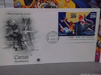 Commemorative envelope featuring two 29-cent US postage stamps with clowns, First Day of Issue postmark from 1993, and circus Bicentennial theme in black-and-white illustration.