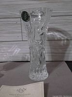 Lenox crystal vase with etched design, 6 inches tall, with Lenox Collections info card.