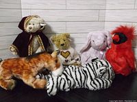 Full set of six Ty Beanie Buddies stuffed animals including bear with hooded robe, heart sweater bear, lavender bunny, red cardinal, horse, and tiger.