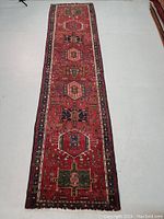 Full view of the runner rug showing full length and medallion pattern on red field
