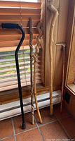 Full lot showing five walking sticks leaning by a window with wooden blinds. Three sticks have spiral wood carvings, one has a natural branch handle, one is a black cane with rubber handle.
