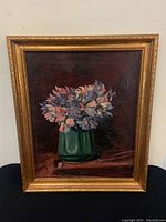 Full view of framed oil painting 'Sweetpeas in Green Bowl' showing composition and frame