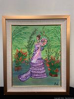 Full view of the framed oil painting showing the woman in garden setting