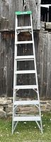 Full view of the 8ft aluminum step ladder leaning against a wooden wall showing overall structure and length.