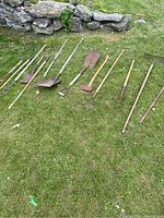 Photo showing an assortment of garden tools laid out on grass including shovels, rakes, hoes, forks, and axes with varying handle lengths and blade types.