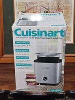 Photo of the Cuisinart ice cream maker box showing product name and features.