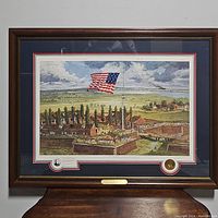 Full view of the framed art print showing the American flag and fort scene.