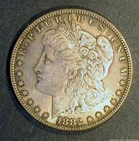Obverse side of the 1882 Morgan Silver Dollar showing Lady Liberty with 'E PLURIBUS UNUM', stars, and the date.