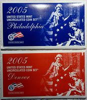 Front view of the blue 2005 Philadelphia US Mint Uncirculated Coin Set envelope and red 2005 Denver US Mint Uncirculated Coin Set envelope.