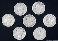 Obverse side of all seven Mercury dimes minted in Denver from 1939 to 1945, showing Liberty with winged cap design.