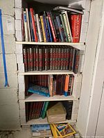 Shelves filled with assorted books showing encyclopedias in leather bindings and a mix of hard and soft covers arranged upright and stacked horizontally