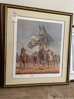 Framed print showing horse race and close-up of horse's head, signed and numbered