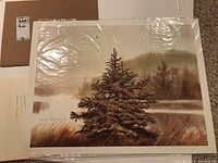 Print showing a pine tree with a misty natural background, labeled 'Soft Day'.