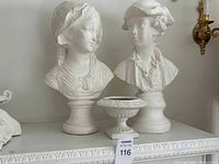 Two Victorian style plaster busts and one pedestal pot on a white shelf showing overall condition and size