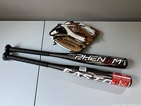 Two Easton baseball bats with a Youth baseball glove on a grey table: one bat new and wrapped, one bat used.