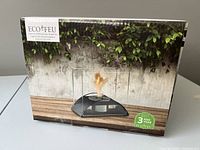 Box front view showing the fireplace and flame image with Eco Feu branding.