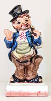 Full standing view of a 1970s ceramic hobo figurine by Shields Fifth Avenue with blue jacket, tan pants, and black top hat. The figure holds a broken cane and a cigar in his mouth.