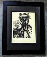Framed gothic black and white ink artwork showing Baby Queen of Hearts character in a stylized Alice in Wonderland theme with a tree background, signed and numbered.