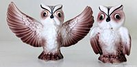 Front view of both ceramic owl shakers, one with wings spread, one with wings folded.