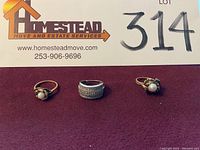 Frontal view of three rings on burgundy cloth beneath Homestead signage with lot number