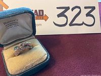 Front view of ring in hinged velvet box showing mountain lion motif and opal