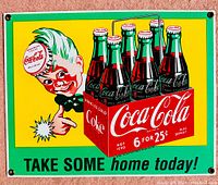Front view of bright, clean Coca-Cola porcelain enamel sign with colorful six-pack and animated character design