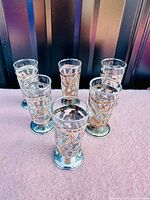 Six shot glasses arranged in a group showing detailed floral silver holders and clear glass inserts.