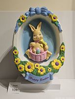 Front view of vintage Empire Easter blow mold decoration, bunny in an egg house holding basket with Easter eggs, surrounded by yellow flowers and Happy Easter banner