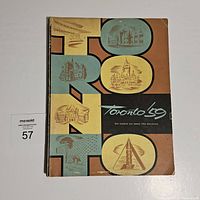 Front cover of the vintage Toronto 125th anniversary booklet with illustrated architectural drawings and the year 'Toronto 59'.