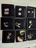Top view of all nine pairs of earrings in their boxes showing assortment and stone colors